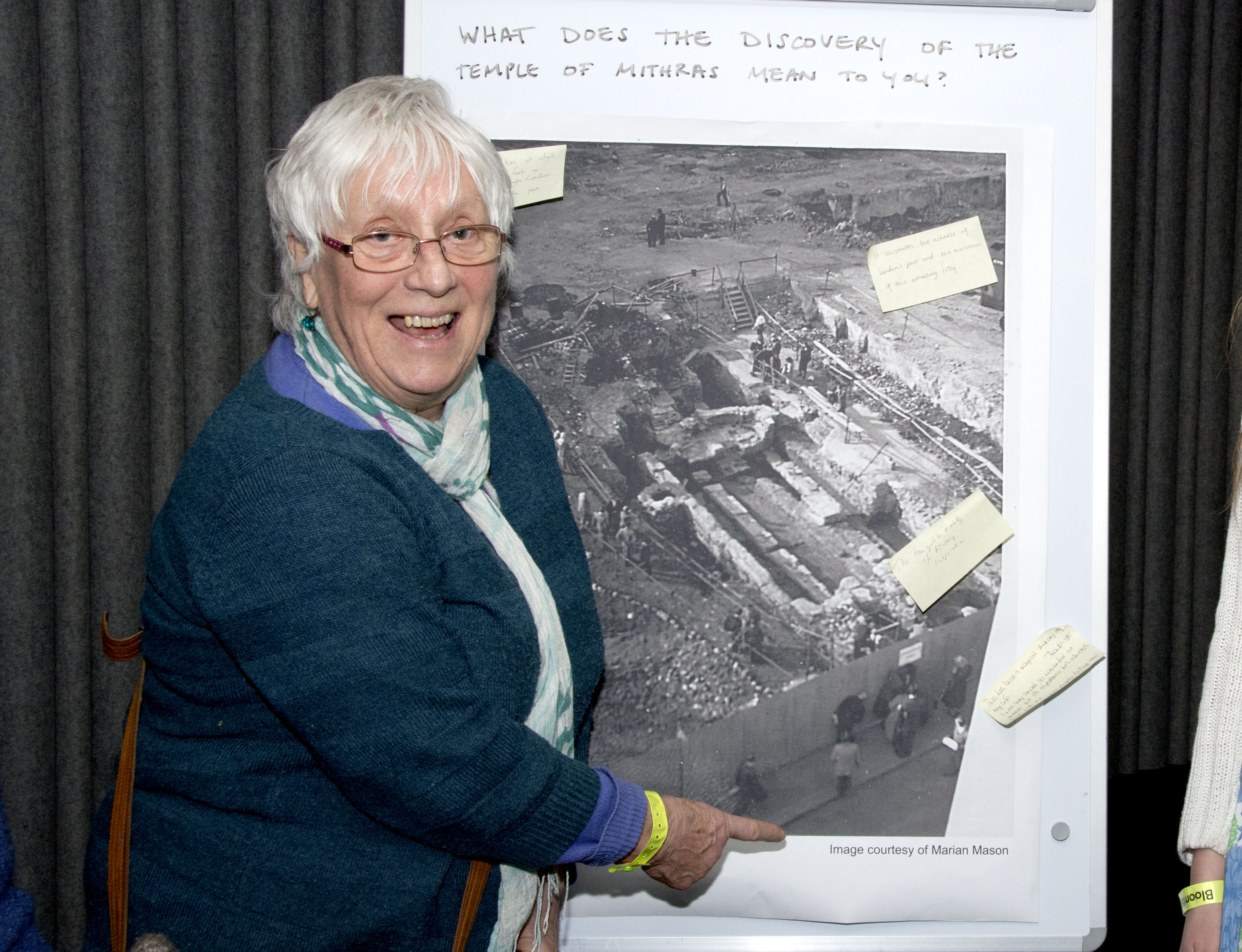 Marian Mason with her image from the Temple of Mithras archaeology excavations Marian Mason with her image from the Temple of Mithras archaeology excavations