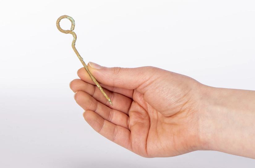 hand holding an iron age pin, it has a large circular head