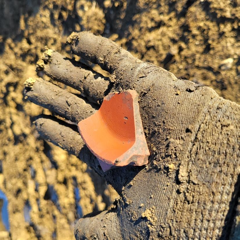 Gloved hand holding a piece of red/orange pottery