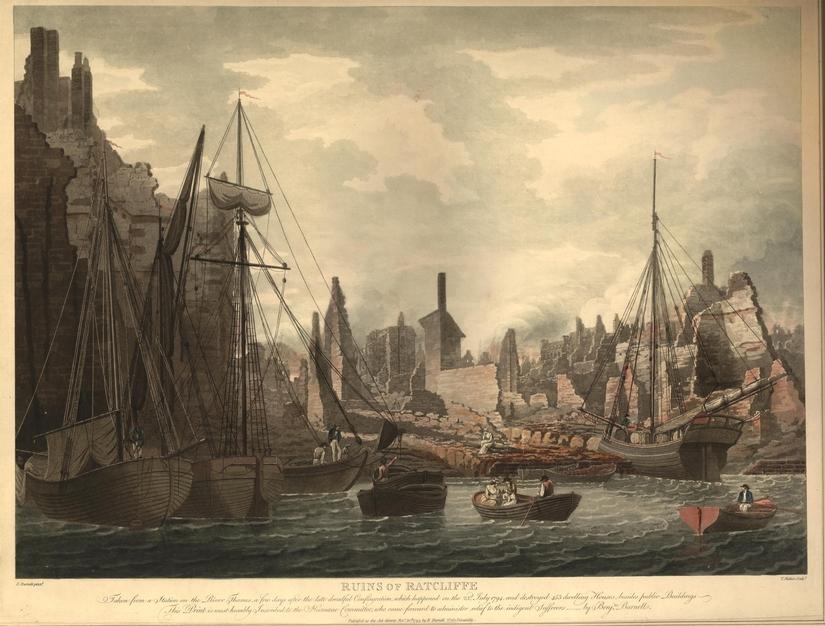 A historic painting of Ratcliff after the fire painted from a boat on the thames, in the foreground are boats with people looking at the ruins