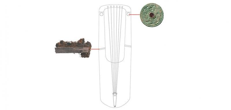 A reconstruction drawing of the Anglo-Saxon lyre. It is rectangular-oval shaped instrument with strings like a guitar or harp