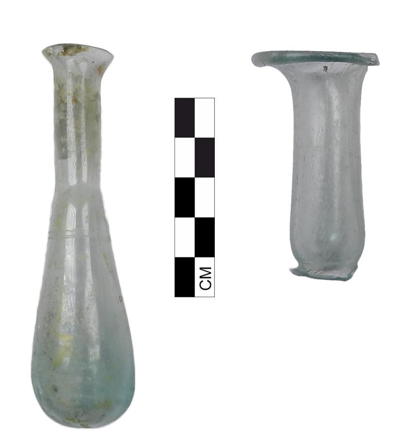 A small white glass bottle with a long neck