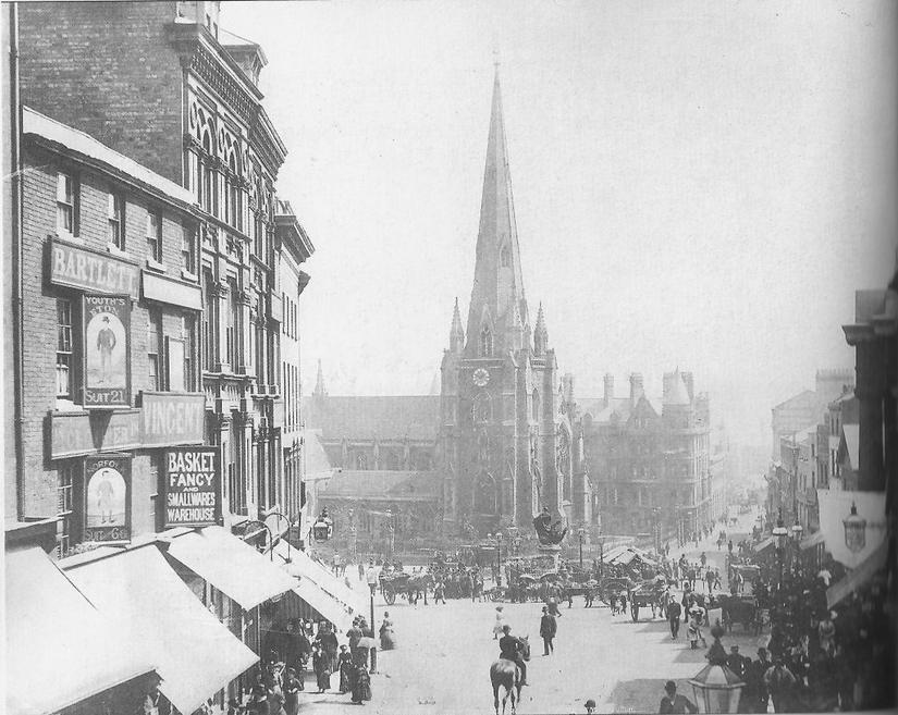 Historical photograph of The bull ring and parish church of St Martin, Birmingham