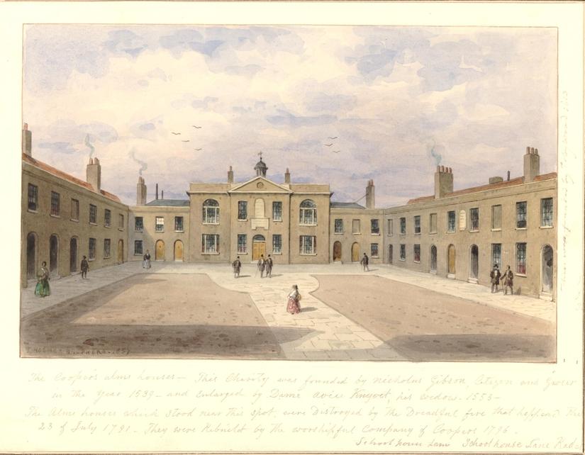 A historic drawing of the buildings showing a large courtyard surrounded by buildings