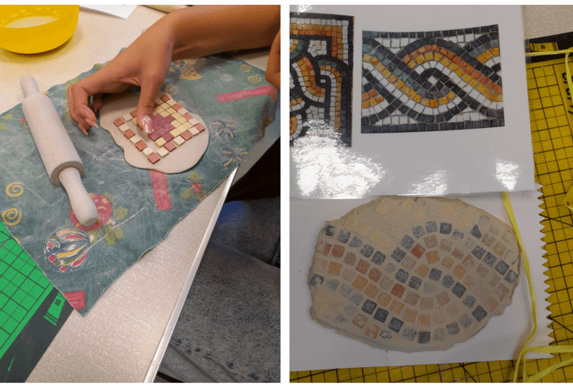 collage of photos of mosaics made during museum in a box session
