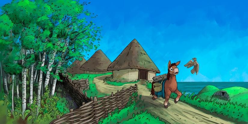 An image from the children's book showing an Iron Age scene