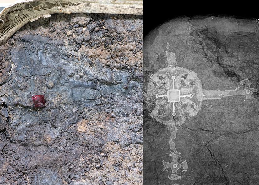 Side by side image of the cross x-ray and the micro-excavated cross, showing how hard it is to see the cross compared to the colour of the soil
