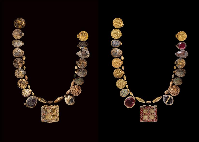 Side-by-side image of the necklace before and after it was cleaned, showing the bright gold and red in the cleaned necklace
