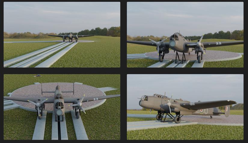 Collage of reconstructions of the plane sitting on the trackway as it would have looked when built