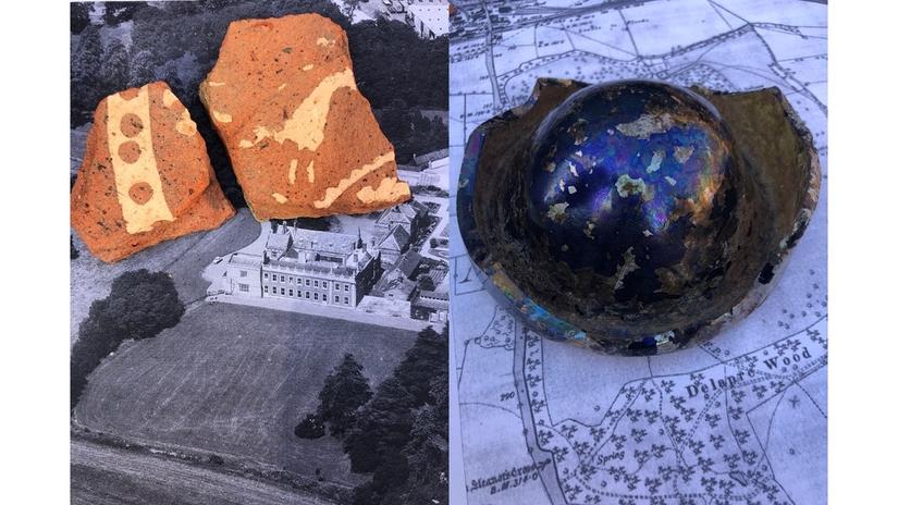 Two photos, of pieces of a rough, red tile and the bottom of a glass bottle with a similar raised dome like a champagne bottle.