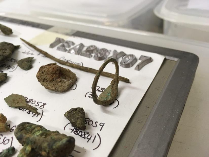 Close up of metal finds laid out for x-ray