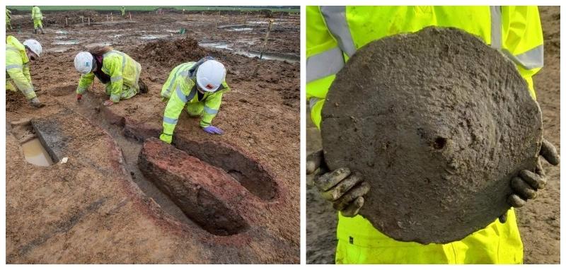 Collage showing archaeologists excavating a Roman kiln and an archaeologist holding a quernstone