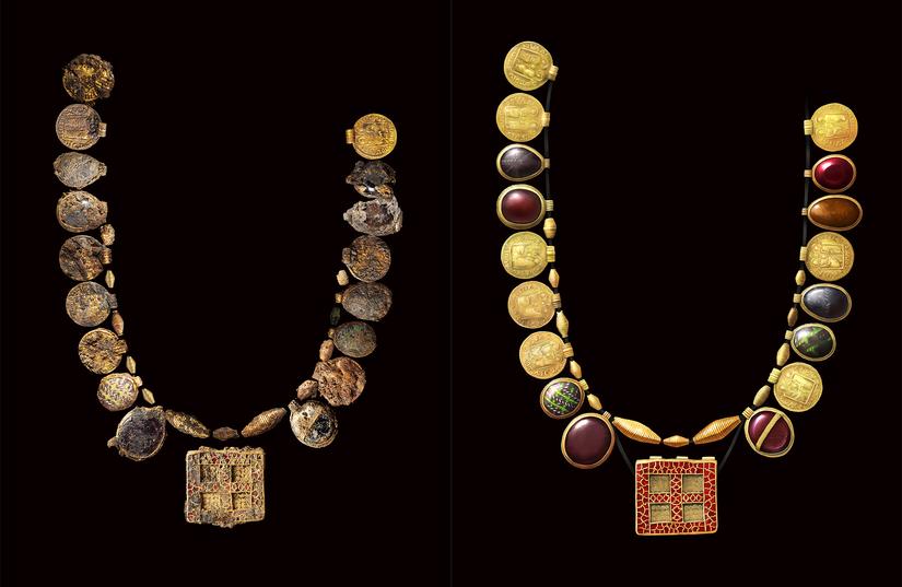 Side by side of photo and reconstruction of the Harpole necklace, laid out as it would have been worn