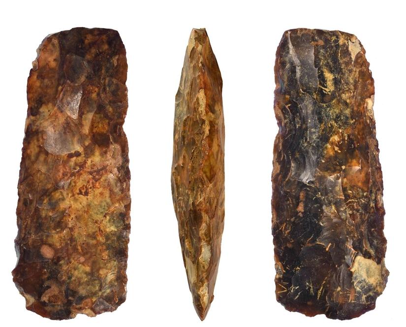 A composite image showing three views of the flint axe head which is a rounded rectangle shape. It is a dark brown and honey colour