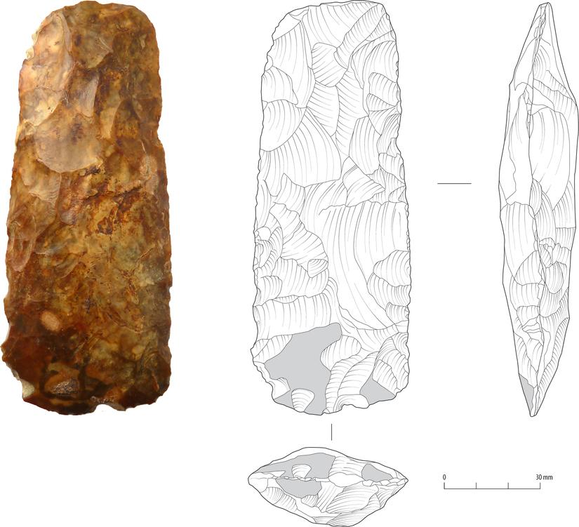 A neolithic stone axe. It is an oblong shape with rounded corners and a golden brown colour. Next to the photograph of the axe is an archaeological illustration of it
