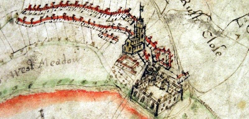 A historic map showing a church, village, and castle