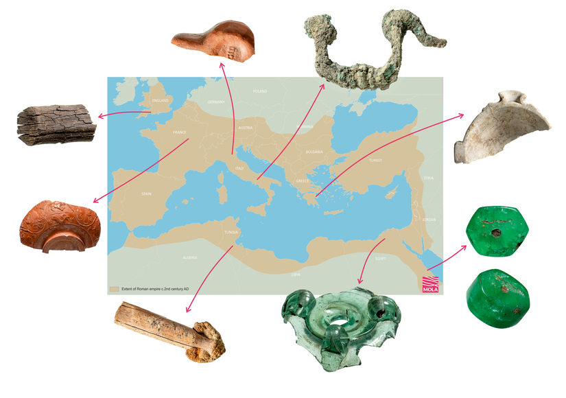 A map showing the Roman empire at 200AD with the finds around the edge. Arrows show the area each object came from