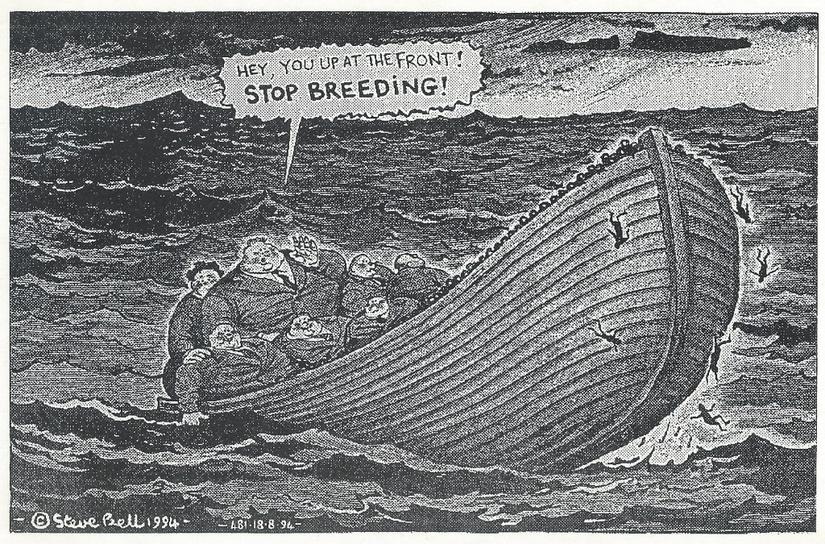 political cartoon showing people in a boat
