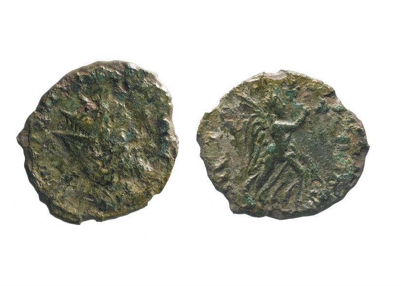 The front and back of a roman coin. One side has the emperor's face, the other has a figure of a person depicting victory