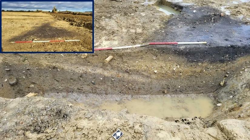 A dark patch of earth is visible on the surface of the soil. Another image shows the excavated section with a watery puddle at the bottom.