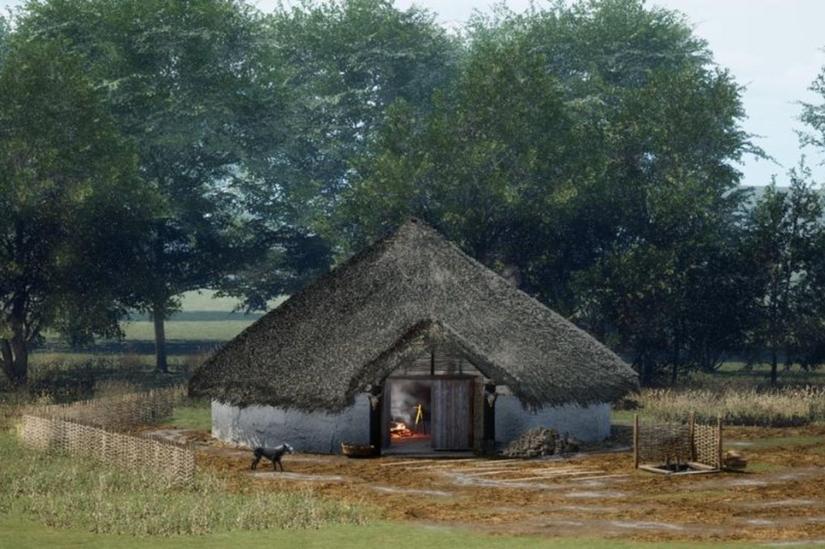 A reconstruction of an iron age roundhouse made using computer generated imagery.