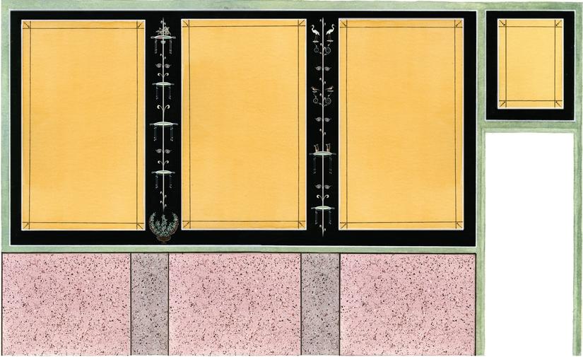 A watercolour reconstruction of how one wall of the wall plaster would have looked