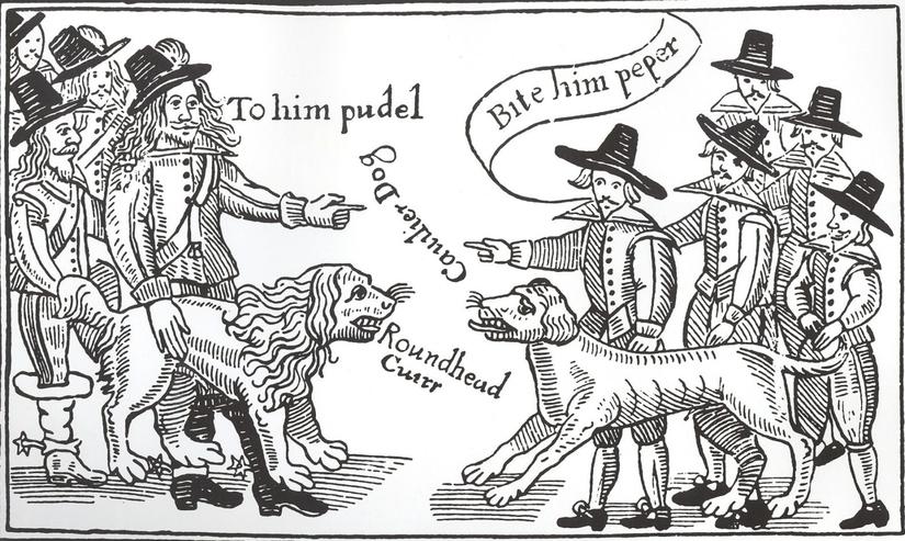 Woodcut of English Civil War soldiers with dogs