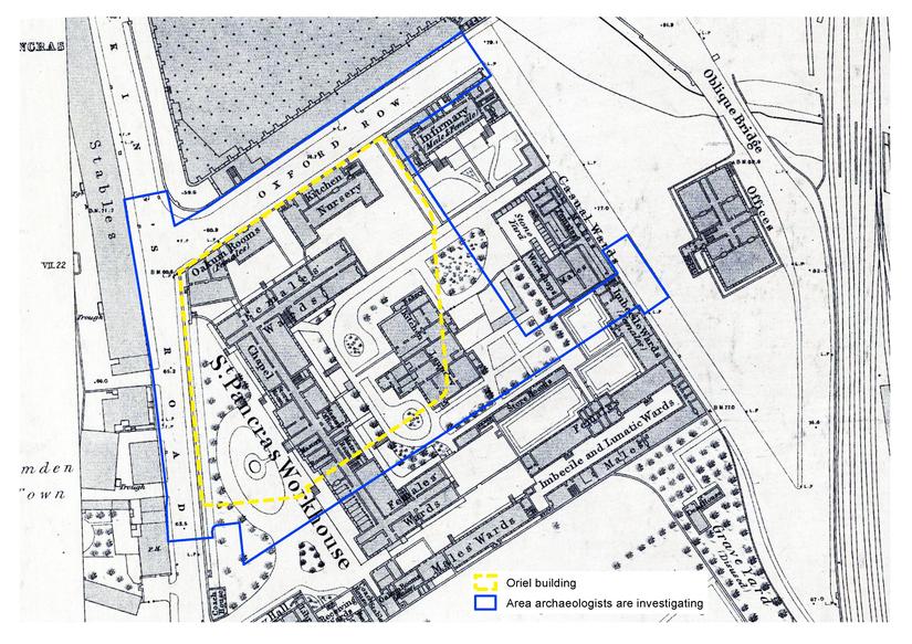 Plan of the 1880 workhouse, showing that the excavation area will investigate about half of the workhouse's original footprint