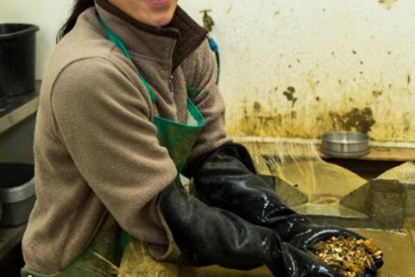 An archaeologist holding environmental samples from a flotation tank