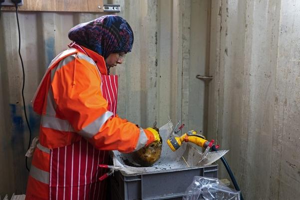 An archaeologist cleaning human remains