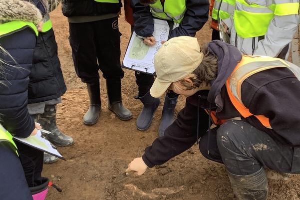 A group of children in high vis standing in a circle around an archaeologist excavating an animal bone