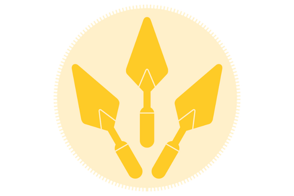A yellow circle with three trowels inside