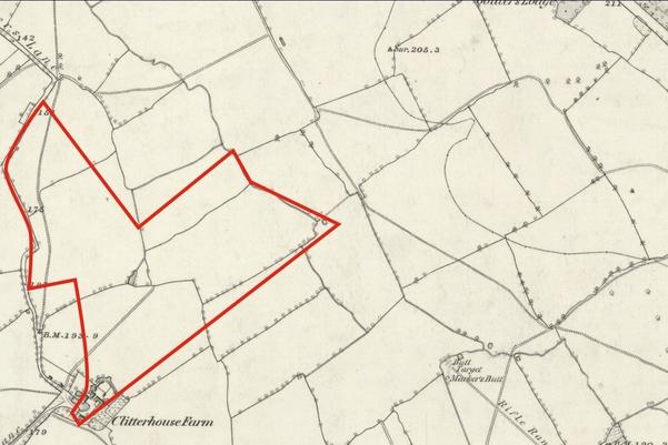 Map showing the Clitterhouse in 1864 (current extent outlined in red)