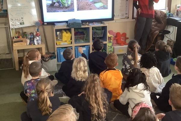 A group of children sitting in a classroom looking at a powerpoint on a screen