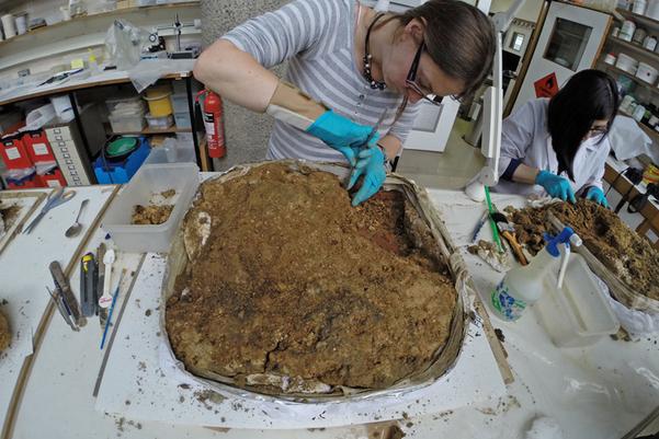 MOLA’s archaeological conservators micro-excavate sections of the 1st century fresco in the lab