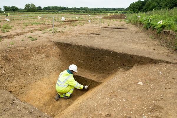 An archaeologist excavates the ditch