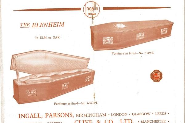 Advert for Ingall, Parsons and Clive (1954) showing coffin available in Elm or Oak.