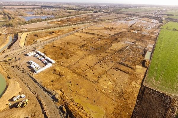 An aerial photograph of the A14 excavations