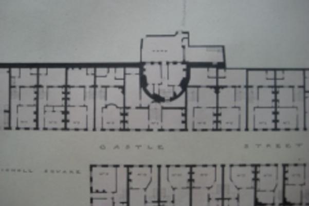 Plan showing semi-circular bastion inside a rectangular building