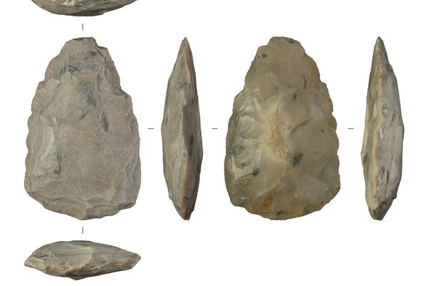 A composite image of a  stone axe photographed from all sides