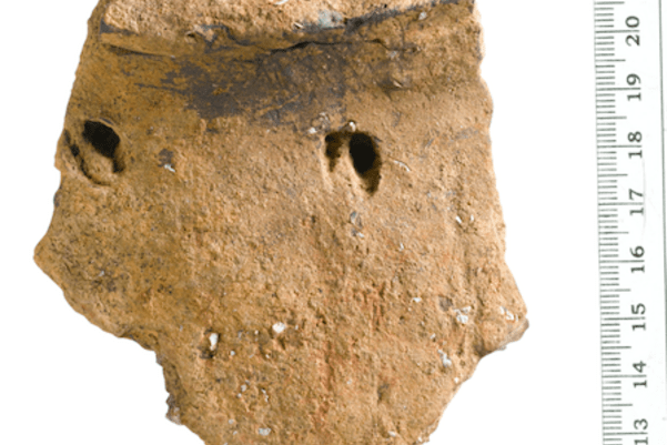 A sherd of pottery with the imprint of a tiny deer hoof below the rim