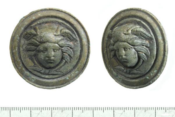 Photo of the mount showing Medusa's face surrounded by hair