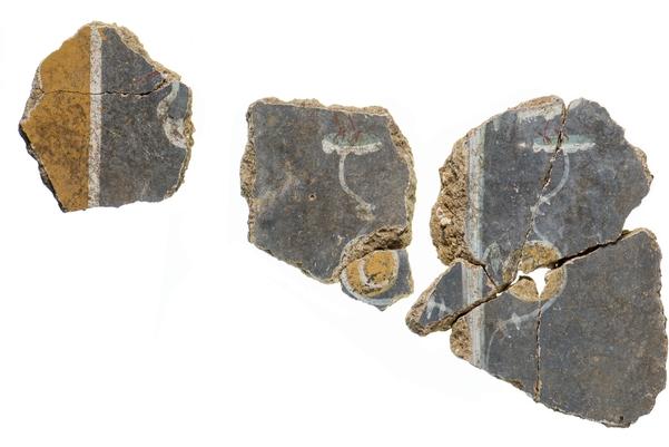 Three sections of wall plaster which were decorated with images of birds today the image is very fragmented