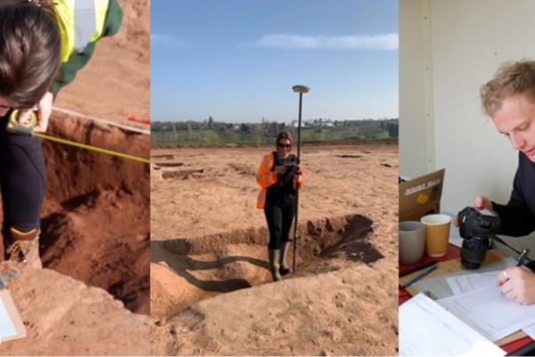 Collage of archaeologists working on site