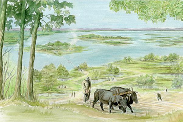 illustration of a prehistoric farmer and animals by a river