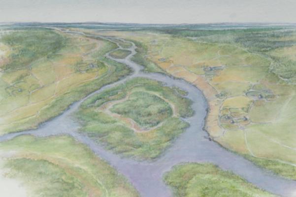Drawing of a river with an island surrounded by green fields