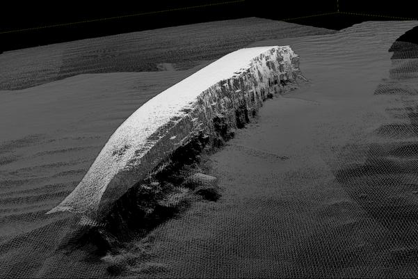Black and white image of a boat on the seabed created by scans