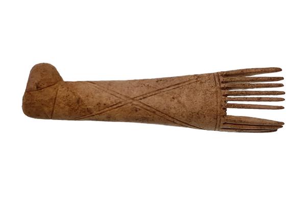 A bone comb with a long handle and only one of two teeth missing
