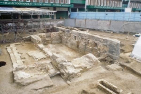 Photo clearly showing the base of the walls from the chapel of the cemetery of St Mary Spital