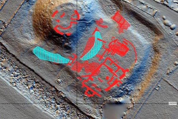The combined results of all three surveys, showing wall foundations and discrete cut earth features (solid red), rubble or yard surfaces (hatched red), and the moat (blue)